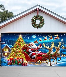 abordables -Housse de porte de garage de Noël Père Noël avec renne, maison de Noël et lune, grande toile de fond suspendue, bannière murale de vacances extérieure, décoration de fête saisonnière festive pour la