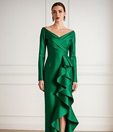 ieftine -Coloană / Teacă Rochii de cocktail Elegant Rochie formală Oficial Invitat la nunta Asimetric Manșon Lung De Pe Umăr Satin cu Volane 2025