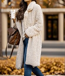 preiswerte -Damen Teddymantel Mantel Warm Bequem Tasche Lässig Einfach Urlaub Straße Lässig Alltagskleidung Lang Umlegekragen Normale Passform Langarm Oberbekleidung Schwarz Kamel Braun Herbst Winter