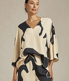 abordables -Blusa de mujer de satén con bloques de color abstractos, holgada, con mangas dolman y cuello en V, estilo informal, para vacaciones, uso diario, elegante, para primavera, verano y otoño.