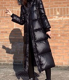 preiswerte -Damen Wintermantel Daunenjacke Mantel Warm Bequem Reißverschluss Tasche Knöpfe Lässig Einfach Outdoor Urlaub Ausgehen Wochenende Lang Mit Kapuze Normale Passform Langarm Oberbekleidung Schwarz Herbst