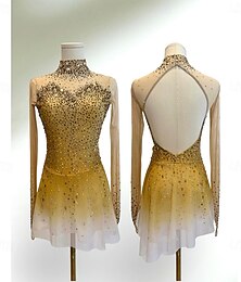 cheap -Figure Skating Dress Women's Girls' Ice Skating Dress Yellow Patchwork Thumbhole Spandex Mesh High Elasticity Training Competition Skating Wear Classic Crystal / Rhinestone Long Sleeve Ice Skating
