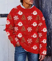 abordables -Pull de Noël moche Homme Père Noël Pull Tricots Col Rond Occasionnel Vacances Rue Quotidien Impression 3D Tricot Garder au chaud manche longue Printemps Automne Hiver Rouge Vert