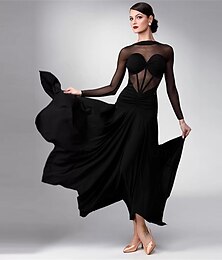 abordables -Robe de danse de salon pour femme, noire, en maille transparente, décolleté en cœur, manches longues, élégante, pour tango, valse, rumba, performance, compétition
