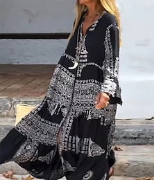 olcso -Női Maxiruha A vonalú ruha Szabadság Alkalmi Boho Szabadtéri Alkalmi Laza öltözet Virágos Paisley Etno Hosszú ujj V-alakú Fekete Nyár Tavasz Ősz