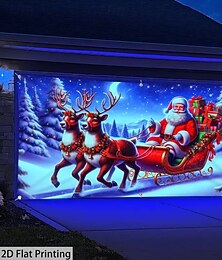 abordables -Couverture de porte de garage de Noël Père Noël brillant conduisant un traîneau livrant des cadeaux 3D grande toile de fond suspendue fête de vacances en plein air cour décoration de la maison