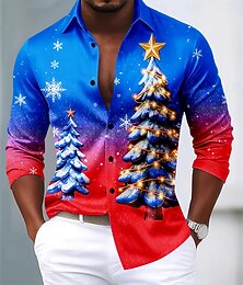 preiswerte -Weihnachten Herren Weihnachtsbaum Schneeflocke Farbverlauf Hemd Satinhemd Kleidhemd Langarm Modisch lässig Outdoor Party Ferien Frühling Herbst Umlegekragen 3D-Druck Hemden mit Knopfleiste Blau Grün