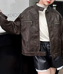 billiga -Barn Flickor Svart skinnjacka Jakke Ensfärgat Mode Dragkedja Ficka Vindtät Utomhus Täcka Ytterkläder 4-12 år Höst Brun