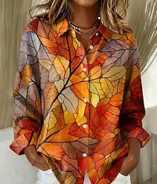 זול -בגדי ריקוד נשים חולצה גראפי עלה גיאומטרי וינטאג' מסוגנן מודרני שרוול ארוך צווארון חולצה חולצות רגילות יומי טלאים כפתורים דפוס פול כתום סתיו חורף