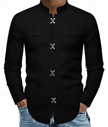 preiswerte -Herren Hemd Freizeithemd Stehkragenhemd Knopfhemd Schwarz Weiß Langarm Einfach Mandarinkragen Urlaub Party Bekleidung Mode Lässig