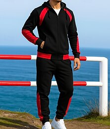 preiswerte -Herren Jogginganzug Sweatshirt mit durchgehendem Reißverschluss Sport-Trainingsanzüge Mit Kapuze mit Tasche Farbblock Kombination Herbst Winter Schwarz Wein Wandern Berufung Reise Langarm Sport