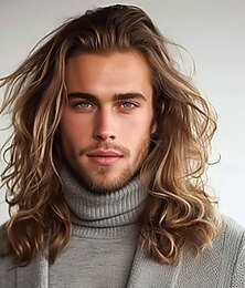 abordables -Perruques synthétiques longues et ondulées brunes pour hommes, résistantes à la chaleur, pour cosplay, déguisement d'Halloween, marron clair