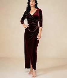 olcso -női maxi ruha átlapolt ruha bársony ruha elegáns esküvői vendég esti parti koktélparti egyszínű háromnegyedes ujjú v nyakú padlizsánszínű téli
