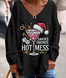 abordables -Noël Femmes T-shirt Graphique Noël Verre de vin Élégant ancien Mode manche longue Col en V Hauts Réguliers Quotidien Week-end Imprimé Noir Rose Claire Rouge Printemps Automne Hiver