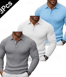 olcso -3 db-os férfi bordás kötésű felső golf pólóing többes csomag utcai lezser hajtókás hosszú ujjú alapvető modern egyszínű gombos tavasz ősz minden évszak karcsúsított bordás kötésű felső