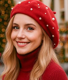 halpa -naisten jouluinen keinotekoinen kashmir-barettihattu, elegantti helmillä koristeltu talvihattu, pehmeä lämmin ranskalaistyylinen lippis loma-, juhla- ja päivittäiseen käyttöön, monivärisiä vaihtoehtoja