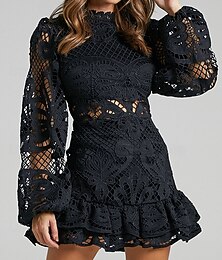 olcso -Női Mini ruha Fekete ruha Csipkeruha Kivágott ruha Hüvelyruha Divat Modern Hálós hüvely Lámpás hüvely Iroda Alkalmi Normál Virágos Hosszú ujj Állógallér Fekete Fehér Arcpír rózsaszín Világos piros