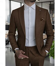 Недорогие -Мужские деловые повседневные твидовые костюмы с заостренными лацканами, черного, бордового, строгого кроя, однотонные, из двух частей, однобортные, на одной пуговице