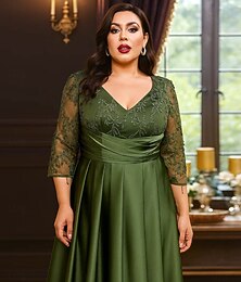 preiswerte -A-Linie Brautmutterkleid Elegant Vintage Übergröße V Ausschnitt Bodenlang Polyester Langarm mit Spitze Falten