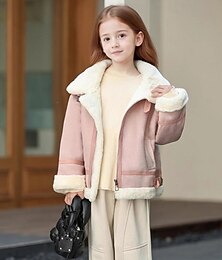 economico -Bambini Ragazze Giacca in finta pelle scamosciata Giacca in pile Giacca di pelle Tinta unica Moda Cerniera Tasca Tenere al caldo All'aperto Cappotto Capispalla 4-12 Anni Autunno Bianco Rosa Marrone