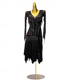abordables -Robe de danse latine noire pour femme avec strass et franges asymétriques pour spectacle de samba