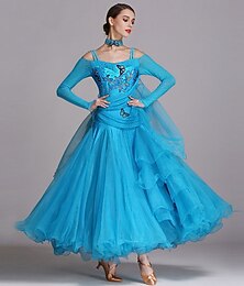 preiswerte -Damen-Ballsaal-Tanzkleid mit Schmetterlingsstickerei und Strassbesatz, mehrlagiger Tüll, elegantes Walzer-Tango-Foxtrott-Wettbewerbskleid – Himmelblau