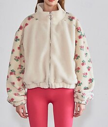abordables -Mujer Abrigo de invierno Chaqueta de lana Abrigo de peluche Mantiene abrigado Cómodo Retazos Cremallera Bolsillo Moda Casual Floral Vacaciones Calle Casual Ropa Cotidiana Regular Cuello Vuelto Ajuste