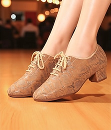 economico -scarpe da ballo da sala beige con lacci da donna - décolleté con tacco basso in stile Oxford e motivo glitterato per feste di ballo professionali &spettacoli