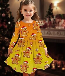 abordables -Noël FILLE 3D Graphique Bonhomme en pain d'épices Robe manche longue Printemps Automne Vacances Quotidien Fête Princesse Beau Doux Enfants 4-12 ans Robe Décontractée Robe trapèze Mi-long Coupe