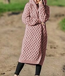 preiswerte -Damen Pullover Lässig Weich Einfarbig Gerippt Mit Kapuze Gestrickt Langarm Lange Oberteile Stricken Outdoor Täglich Wochenende Weiß Gelb Herbst Winter