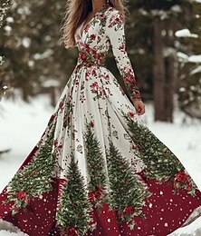 olcso -Karácsony Női Maxiruha A vonalú ruha Rakott ruha Buli Alkalmi Boho Napi Randi Alkalmi Normál Grafika Hópehely Hosszú ujj V-alakú Fehér Medence Ősz Tél