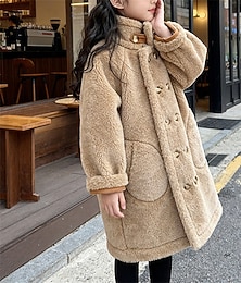 economico -Bambini Ragazze Giacca in finta pelle scamosciata Giacca in pile Giacca di pelle Tinta unica Moda Tasca Tenere al caldo Antivento All'aperto Cappotto Capispalla 4-12 Anni Autunno Cachi