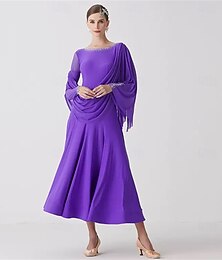 preiswerte -Damen-Ballsaal-Tanzkleid mit drapierten Schalärmeln, elegant, für Walzer, Tango, Foxtrott, Aufführungen und Wettbewerbe – Lila