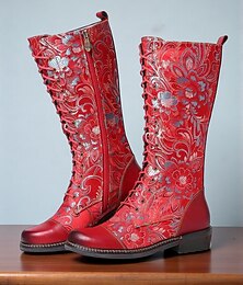 abordables -Bottes hautes à lacets rouges brodées vintage des années 1950 pour femmes avec talons carrés – Bottes en cuir à motif floral pour une tenue décontractée et un style western