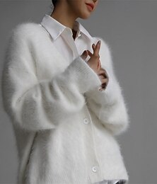 Недорогие -Жен. Вязаная ткань Кардиган Элегантный стиль Мода Уличный стиль Сплошной цвет V-образный вырез Карман Пуговицы Трикотаж Длинный рукав Обычные топы Вязать на открытом воздухе Повседневные Праздники