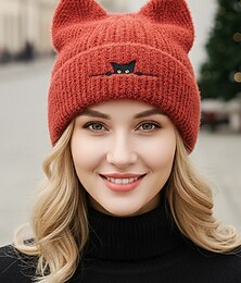 preiswerte -Damen-Mütze mit Katzenohren, flauschige Strickmütze, süße warme Wintermütze mit schwarzer Katzenstickerei, stilvolles Weihnachtsgeschenk für Mädchen und Frauen