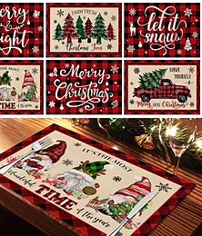 abordables -6 pièces de flocon de neige rouge de Noël, arbre de Noël, bonhomme de neige &Sets de table en lin résistant à la chaleur du Père Noël, sets de table carrés, antitaches, pour la décoration de table de