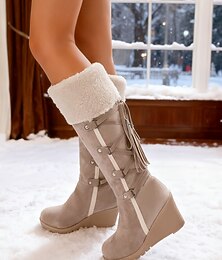 economico -stivali da donna con zeppa in pelle scamosciata marrone e polsini in pelliccia sintetica – design alla moda con lacci e nappe, stivali invernali caldi e comodi per abbigliamento casual e all'aperto