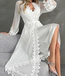 Недорогие -Жен. Халат Теплый Мода На каждый день Чистый цвет Кружева Платья Дом Кровать Длинный рукав Вырез под горло Белый Лето Весна Стандартный