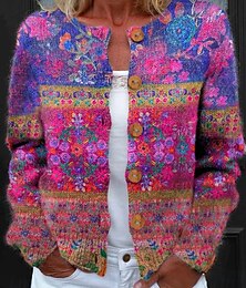 preiswerte -Damen Cardigan Pullover Gestrickt Rippung Knopf Vorne Rundhals Langarm Leicht Alltag Floral Grafik Geometrisch Knöpfe Druck Reguläre Oberteile Strick Outdoor Wochenende Lila Grün Frühling Herbst