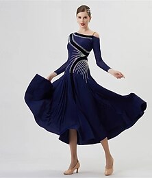ieftine -Rochie de dans de salon pentru femei, asimetrică, cu strasuri, elegantă, cu umeri, tango, vals, foxtrot, rochie de competiție - albastru marin