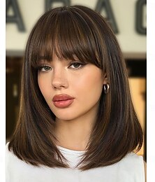abordables -Perruque courte de 35 cm (14 pouces) avec mèches dégradées et frange, brun mélangé, sans colle, prête à porter, en fibres synthétiques lisses, pour femme, effet cuir chevelu réaliste, idéale pour le