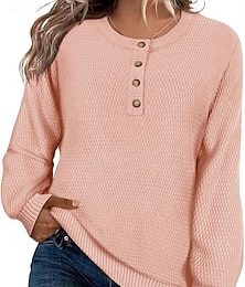 preiswerte -Damen Pullover Lässig Weich Einfarbig Gerippt Rundhalsausschnitt Knöpfe Gestrickt Langarm Normale Oberteile Stricken Outdoor Täglich Wochenende Schwarz Rosa Herbst Winter