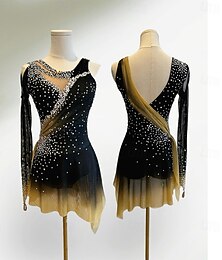 abordables -Robe de patinage artistique Femmes Fille Patinage Robe Noir jaune. Patchwork Ourlet asymétrique Spandex Maille Haute Élasticité Entraînement Compétition Tenue de Patinage Classique cristal pailleté