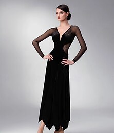 abordables -Robe de danse de salon pour femme en velours noir, décolleté en V profond, maille transparente, manches longues, élégante, tango, valse, rumba, performance, compétition