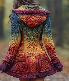 preiswerte -Damen Strickjacke Vintage Täglich Ethno-Stil Farbverläufe Gerippt Mit Kapuze Tasche Knöpfe Druck Langarm Lange Oberteile Stricken Outdoor Wochenende Orange Herbst Winter