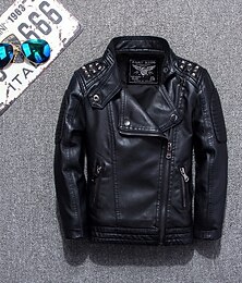 billiga -Barn Pojkar Svart skinnjacka Jakke Ytterkläder Slät Långärmad Dragkedja VATTENTÄT Vindtät Täcka Dagligen Mode Ledigt Svart Vår Höst 4-12 år