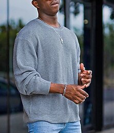 abordables -Homme Pull Côtelé Tricoter Hauts Réguliers Tricoté Coupe ajustée Uni Col ras du cou Tricots Contemporain Occasionnel Tenue quotidienne Vêtement Tenue Automne & Hiver Gris S M L