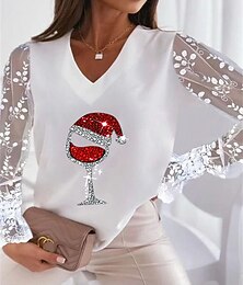 abordables -Noël Femmes T-shirt Couleur Unie Graphique Renne Mode Mignon Élégant manche longue Col en V Hauts Réguliers Quotidien Sortir Week-end Dentelle Patchwork Impression 3D Blanche Rose Claire Rose