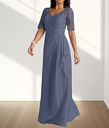 preiswerte -A-Linie Bodenlang Abendkleid Halbarm V Ausschnitt Elegant Hochzeitsgast Chiffon Brautmutterkleid mit Falten Applikationen